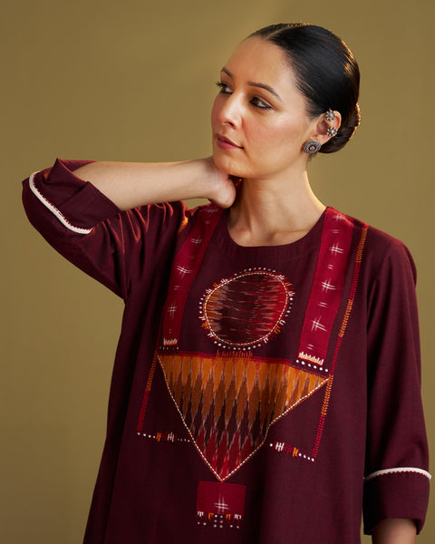 Burgundy Handwoven Cotton & Ikat Kurta with Handwork
