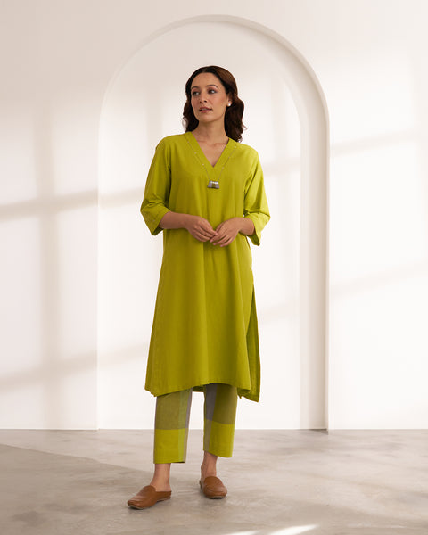 Lime Handwoven Cotton & Check Kurta