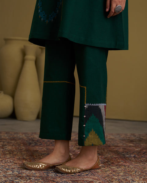 Panna Green Handwoven Cotton & Ikat Set with Handwork