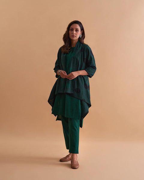 Emerald Green & Black Handwoven Polka Dot Reversible Cape