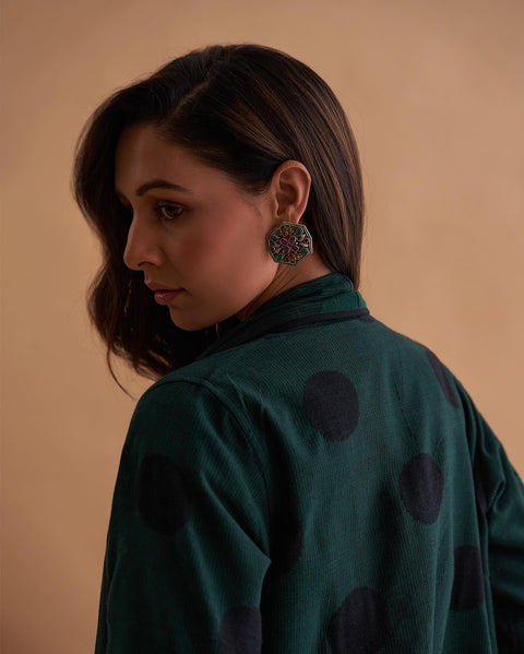 Emerald Green & Black Handwoven Polka Dot Reversible Cape