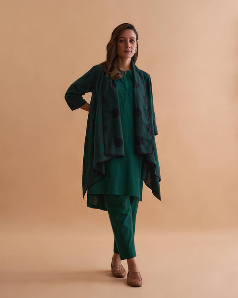 Emerald Green & Black Handwoven Polka Dot Reversible Cape