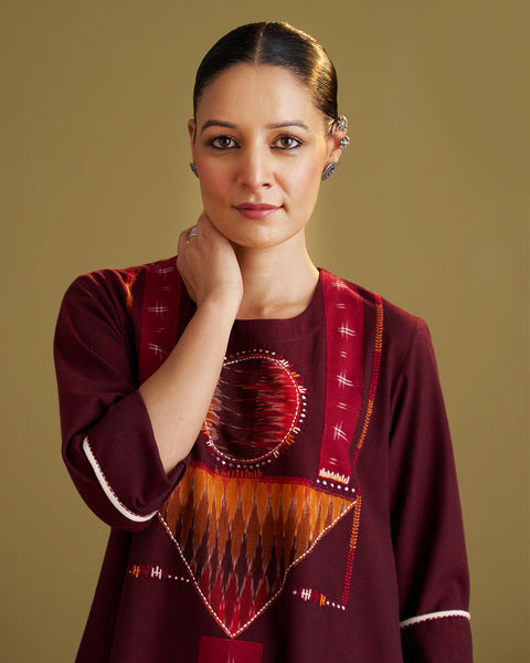 Burgundy Handwoven Cotton & Ikat Kurta with Handwork