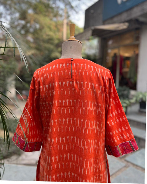 Orange Handwoven Ikat Kurta With Handwork (S-M)