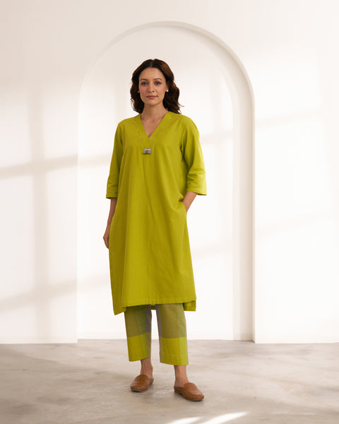 Lime Handwoven Cotton & Check Kurta