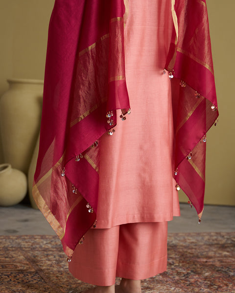 The Peach Silk Chanderi & Banarasi Set with Handwork