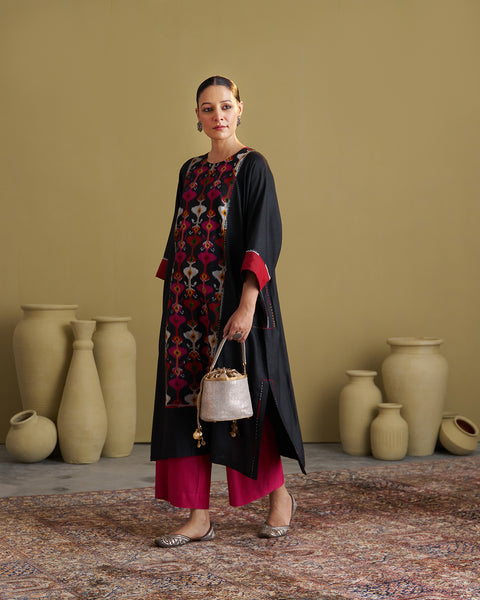 The Black Jewel Silk Cotton & Silk Ikat Kurta & Pants Set