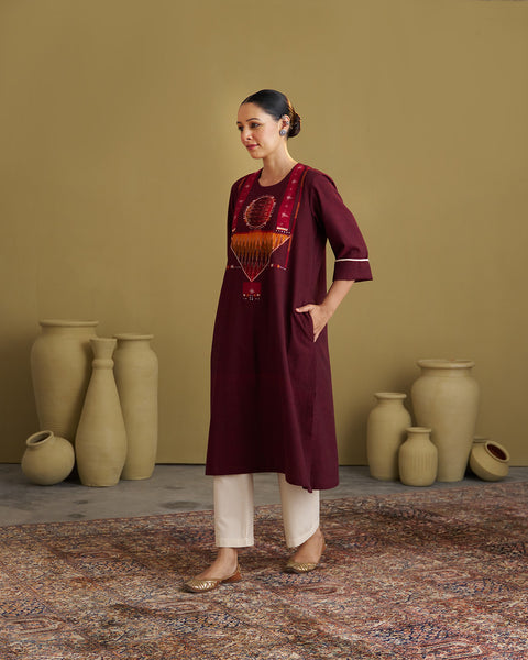 Burgundy Handwoven Cotton & Ikat Kurta with Handwork
