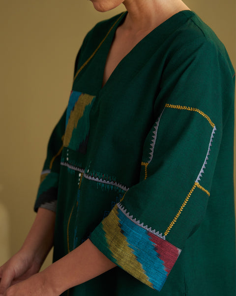 Panna Green Handwoven Cotton & Ikat Set with Handwork