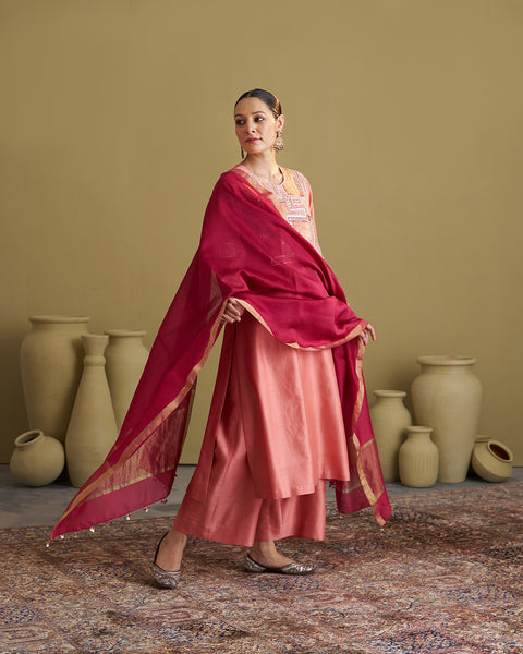 The Peach Silk Chanderi & Banarasi Set with Handwork