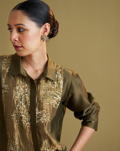 The Olive Green Silk Chanderi Set