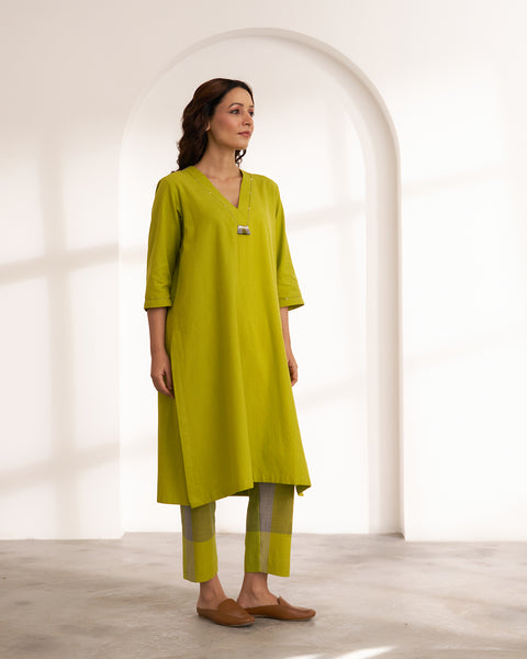 Lime Handwoven Cotton & Check Kurta