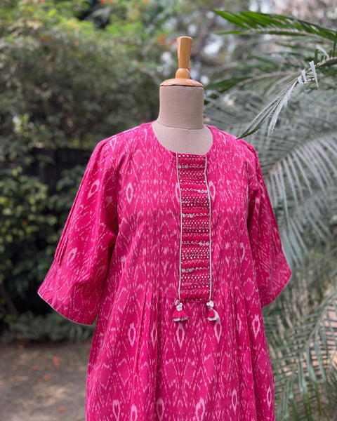 Watermelon Red  Handwoven Ikat Kurta With Handwork (M-L)