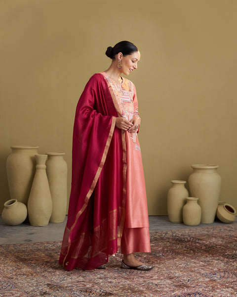 The Peach Silk Chanderi & Banarasi Set with Handwork