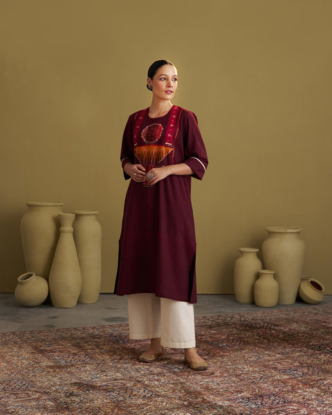 Burgundy Handwoven Cotton & Ikat Kurta with Handwork