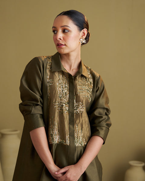 The Olive Green Silk Chanderi Set