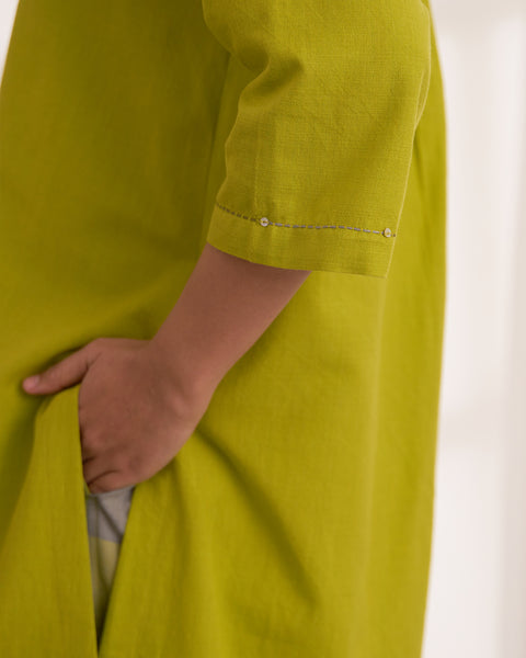 Lime Handwoven Cotton & Check Kurta