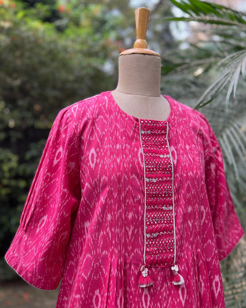 Watermelon Red  Handwoven Ikat Kurta With Handwork (M-L)