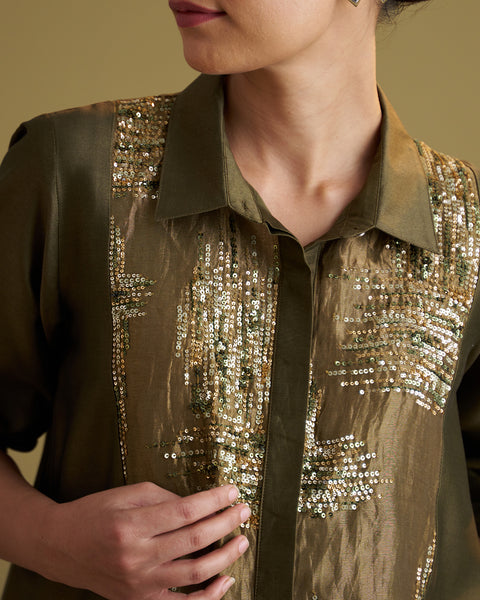 The Olive Green Silk Chanderi Set