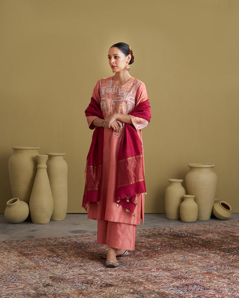 The Peach Silk Chanderi & Banarasi Set with Handwork