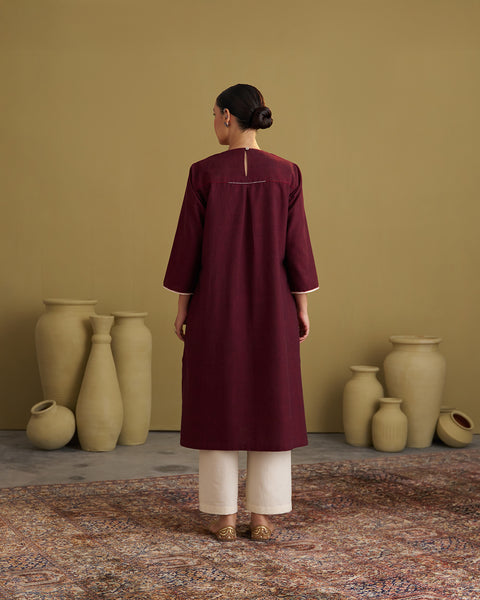 Burgundy Handwoven Cotton & Ikat Kurta with Handwork