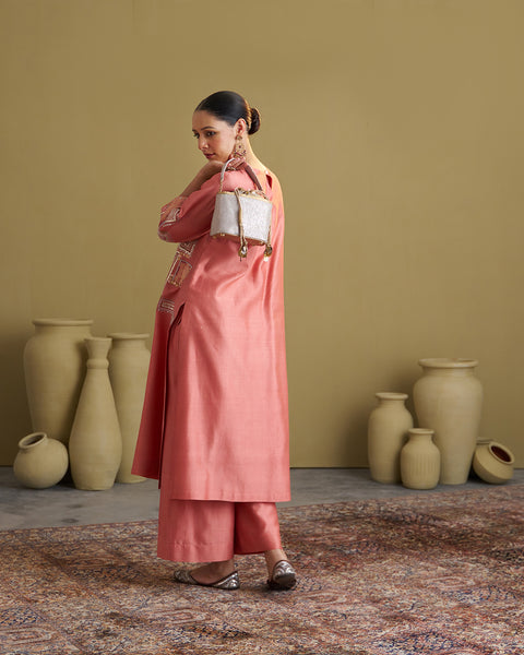 The Peach Silk Chanderi & Banarasi Set with Handwork