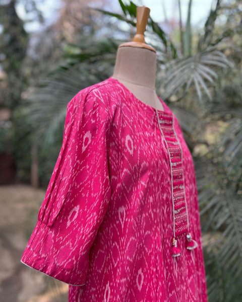 Watermelon Red  Handwoven Ikat Kurta With Handwork (M-L)