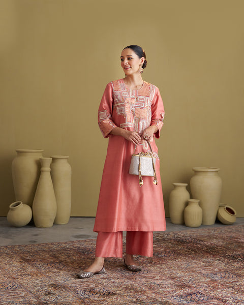 The Peach Silk Chanderi & Banarasi Set with Handwork