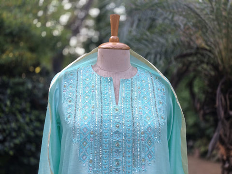 Aqua Blue Silk Chanderi Kurta Set with handwork