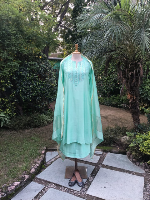 Aqua Blue Silk Chanderi Kurta Set with handwork
