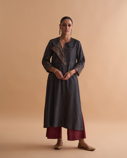 Ash Black Handwoven Kosa Silk & Banarasi Flap Kurta