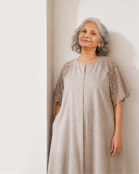 Beige Pure Hemp & Lace Dress