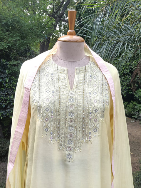 Butter Yellow Silk Chanderi Set with handwork
