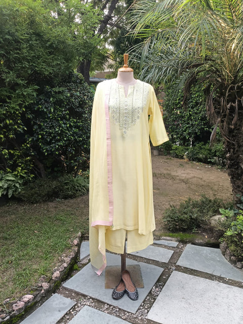 Butter Yellow Silk Chanderi Set with handwork