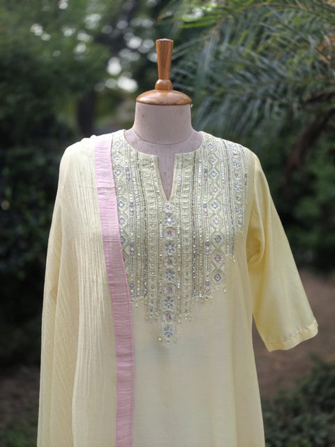 Butter Yellow Silk Chanderi Set with handwork