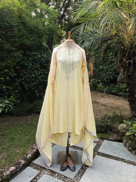 Butter Yellow Silk Chanderi Set with handwork