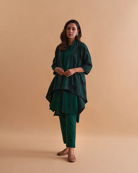 Emerald Green & Black Handwoven Polka Dot Reversible Cape