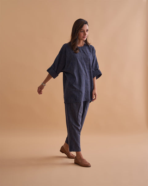 Navy Abstract Handwoven Cotton Weave Co-ord Set
