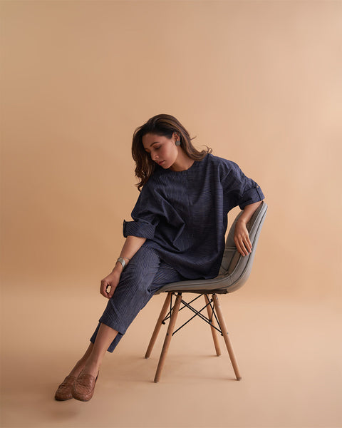 Navy Abstract Handwoven Cotton Weave Co-ord Set