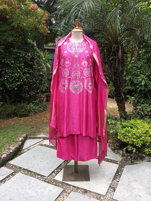 Rani Pink Shibori Silk Chanderi Set