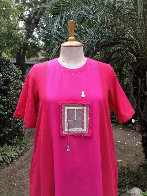 Red & Pink Handwoven Cotton Dress