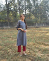Cool Grey Pure Linen with Asymmetrical Hemline & Shell-Button Detailing With Red Striped Pants Ensemble(S-M)