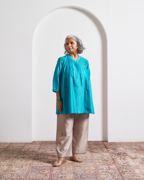 Ferozi Blue Silk Chanderi Top