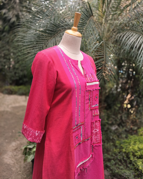 Red & Pink Handwoven Cotton Kurta Set with Handwork