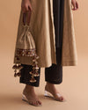 The Veda Potli Bag - Beige Kosa Silk & Leather with Zardozi & Handmade Tassel Bunches