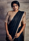 Black Silk Cotton Saree With Checkered Silk Cotton Border, Kacha Tanka & Handmade Tessels (Stitched Blouse S-M)