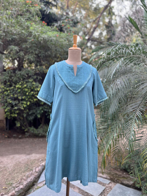Teal Blue Hanwoven Cotton Short Dress With Cut-fray Handwork