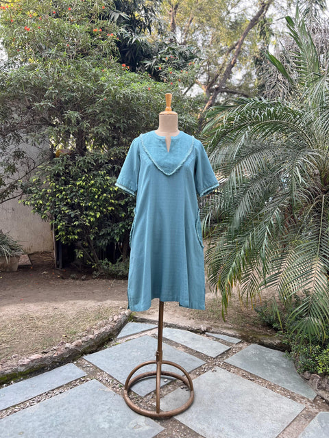 Teal Blue Hanwoven Cotton Short Dress With Cut-fray Handwork