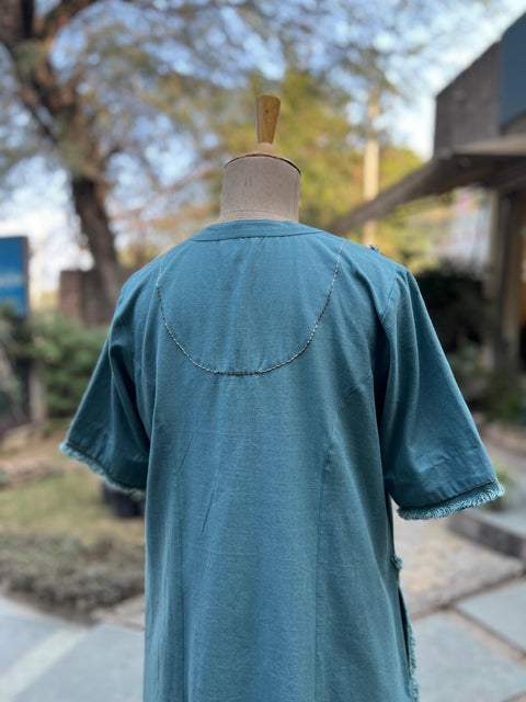 Teal Blue Hanwoven Cotton Short Dress With Cut-fray Handwork