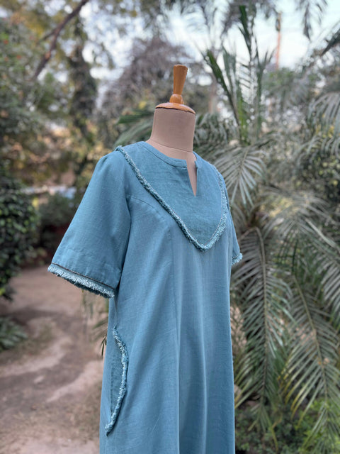 Teal Blue Hanwoven Cotton Short Dress With Cut-fray Handwork